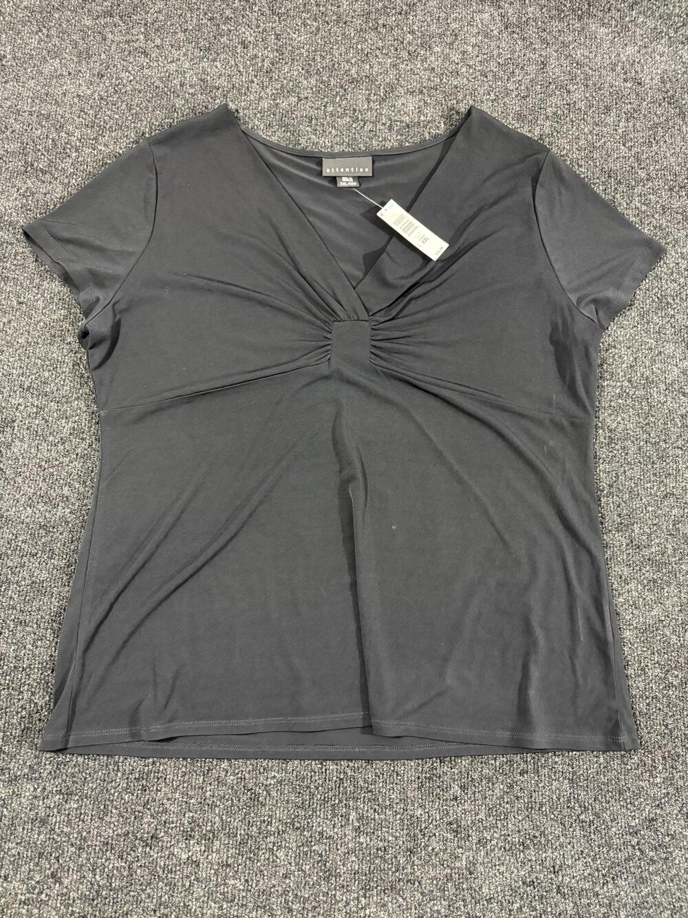 Attention Shirt Womens XXL Black V Neck Short Sleeve Ruched Jersey Top Casual